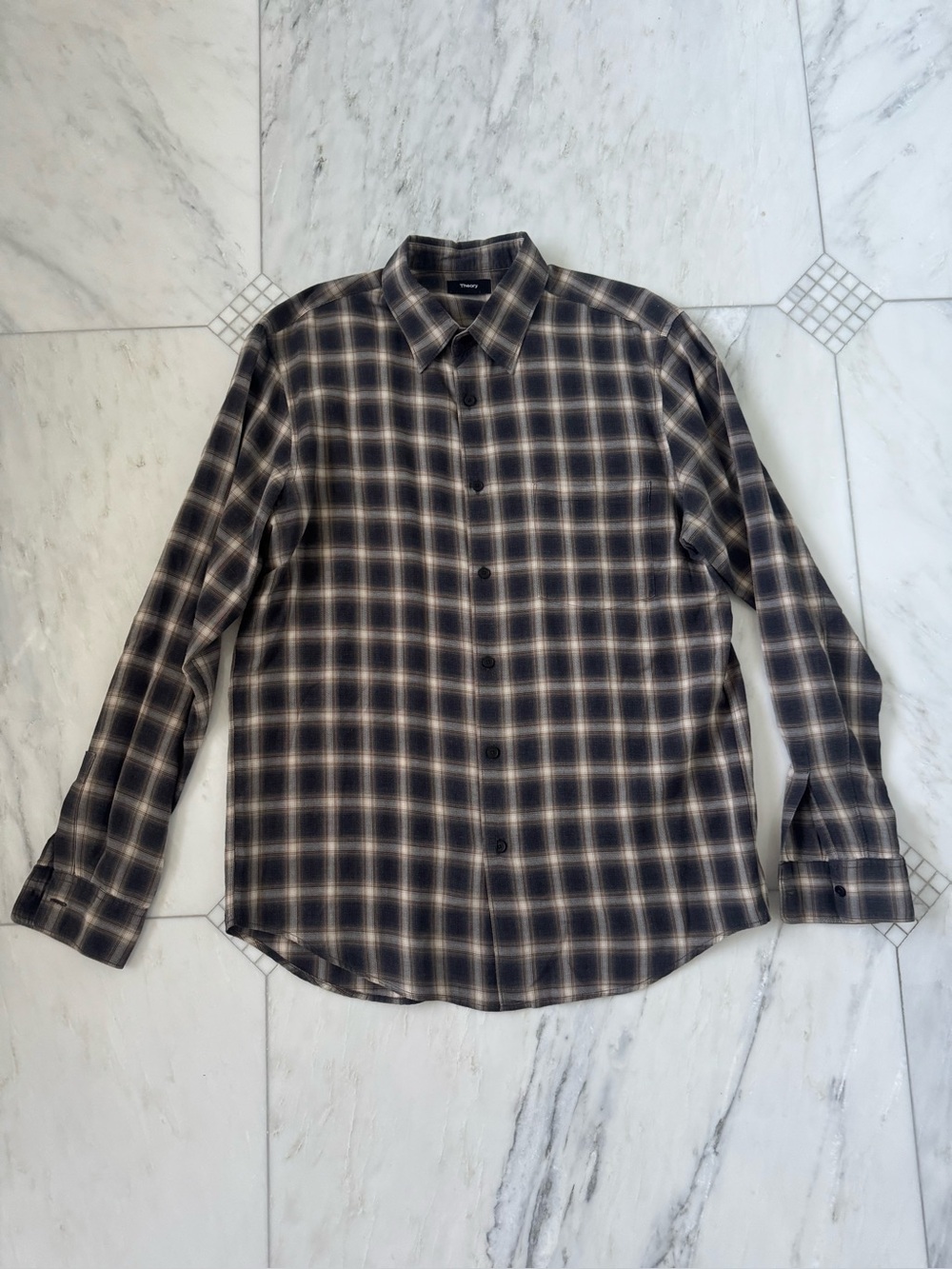 Theory Men's Long-Sleeve Plaid Button-Up Shirt - Black, grey & Cream